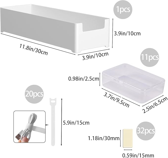 11 Cable Organizer Box with Labels, Cord Storage Organizer for Desk Drawer，Includes 20 Ties & 32 Labels, Office Home Multi-Purpose Organizer