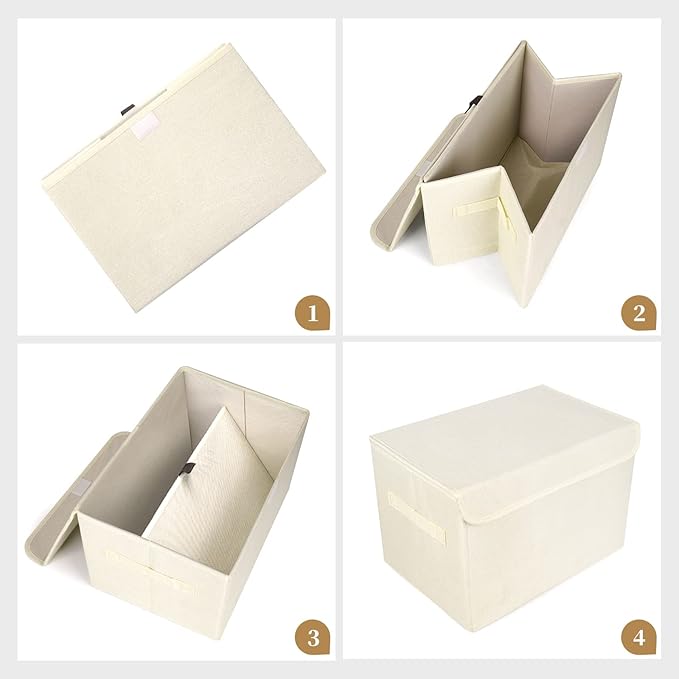 Bagnizer Large 42 Quarts Collapsible Stackable Storage Bins Cube with Lids [3-Pack] Foldable Fabric Linen Storage Boxes, Closet Organizer Baskets with Label for Home (16.7 x 12 x 12, Beige)