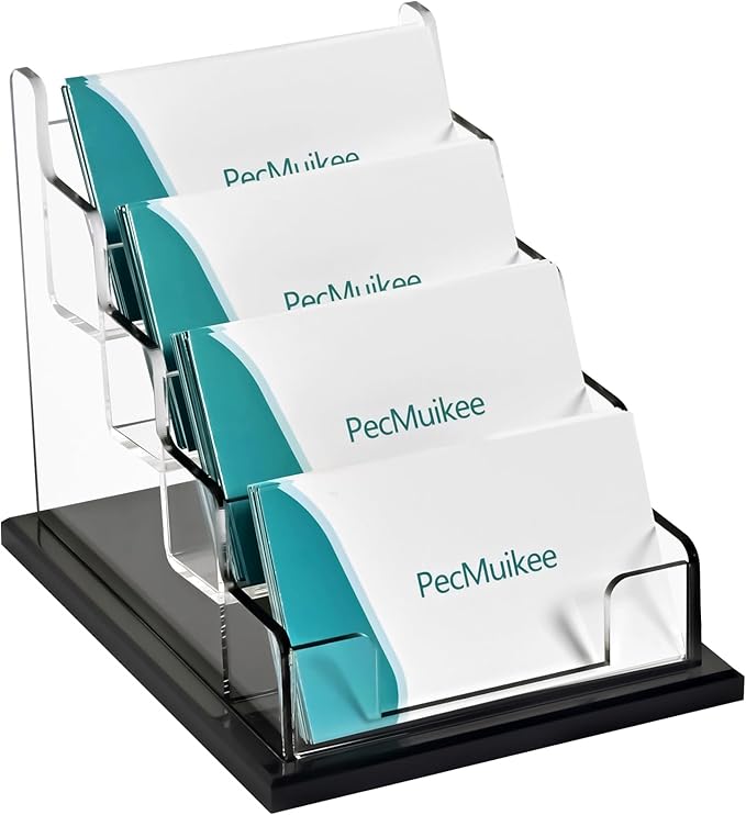 PecMuikee Business Card Holder for Desk，Acrylic Business Card Display Stand,Multiple Business Card Holders for Office, Exhibition, Home, Restaurant 4 Slot 1pcs Tier