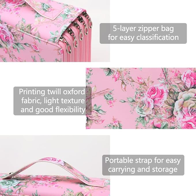 Vomgomfom Colored Pencil Case - 252 Slot Pencil Holder with Zipper Closure, Twill Fabric Large Capacity Pencil Case for Watercolor Pens or Markers, Artist Organizer (Pink Rose)