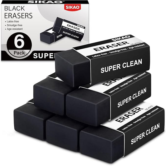 Black Erasers, 6 Pack Block Pencil Erasers – Smudge-Free Latex-Free Art Erasers for Kids & Adults Artists, Clean Erase for School, Homework, Office & Drawing