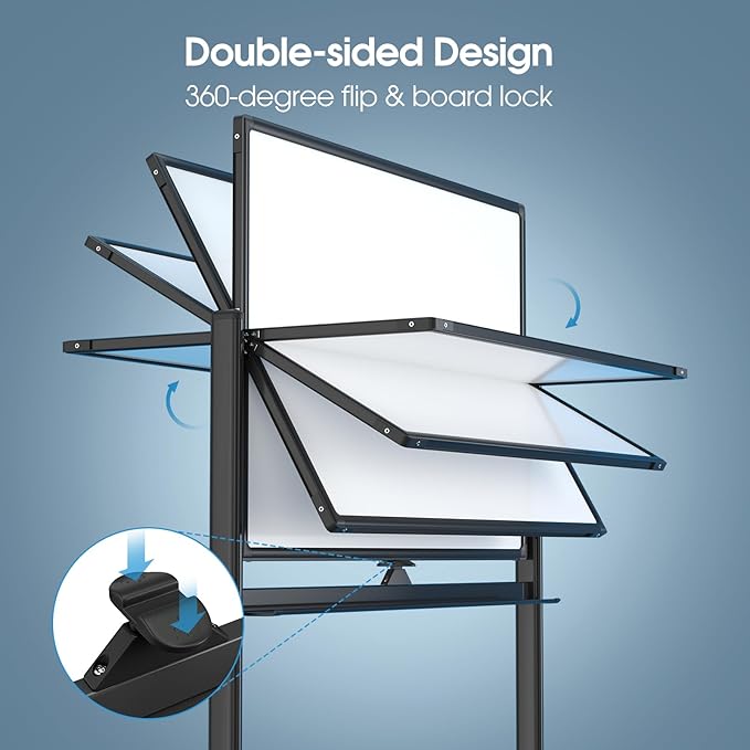 MaxGear Large Black Rolling Whiteboard on Wheels, 48" x 32" Double-Sided Magnetic Dry Erase Board with Stand, Reversible Standing Whiteboard Easel with Aluminium Frame for Office, School, Black