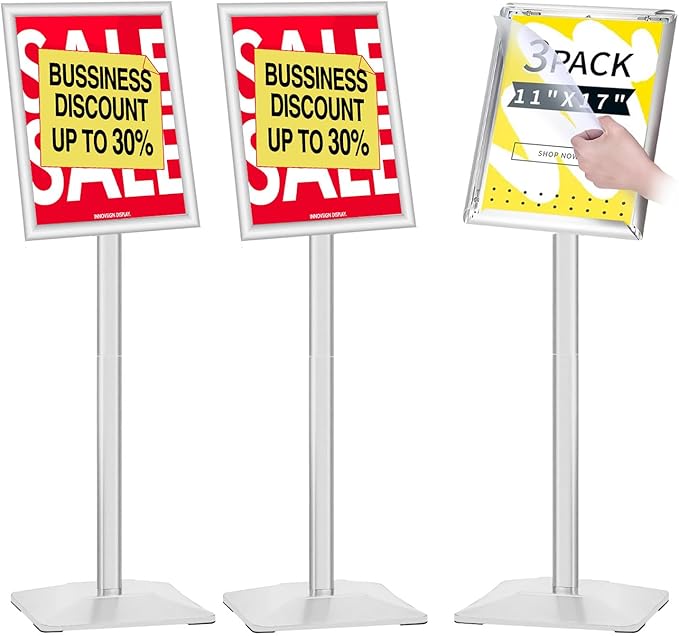 INNOVSIGN 3Packs Heavy Duty Adjustable Pedestal Poster Sign Stand, 11x17 Aluminum Open Floor Standing Sign Holder for Vertical and Horizontal View Display, Silver