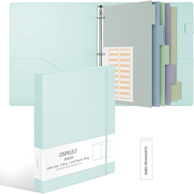 Ospelelf Vintage Hardcover 3 Ring 1 inch Leather Binder, Professional Binders Organizer Suitable for Letter Size Documents, Binder Dividers with Tabs, Blue