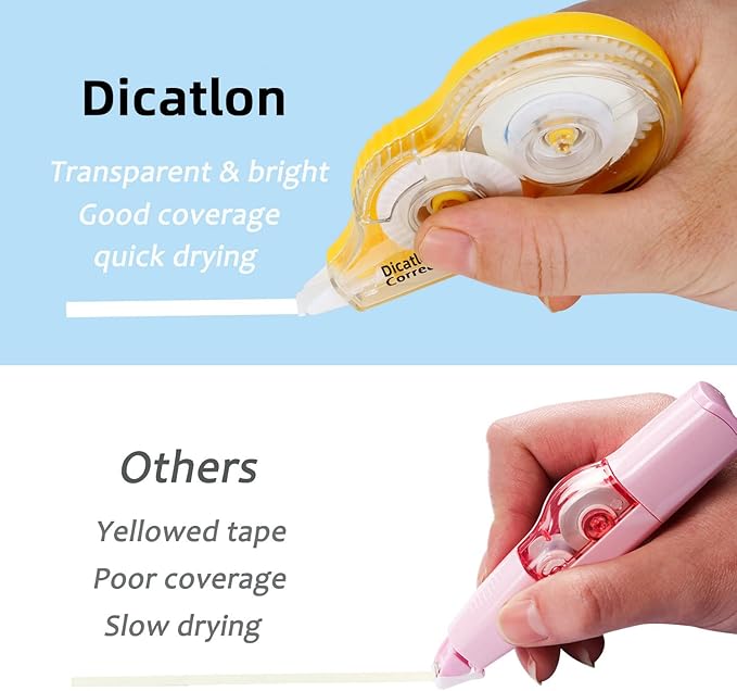 Dicatlon White Correction Tape 12 Pack, Easy Use Roller Applicator, Instant Dry, Jam Free PET Film, Smooth Precise Corrections for School, Office, Home