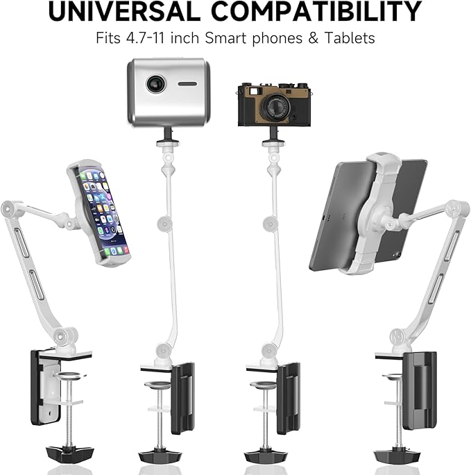 suptek Aluminum Tablet Desk Mount Stand 360° Flexible Cell Phone Holder for iPad, iPhone, Samsung, Asus and More 4.7-11 inch Devices, Good for Bed, Kitchen, Office (YF208BW)