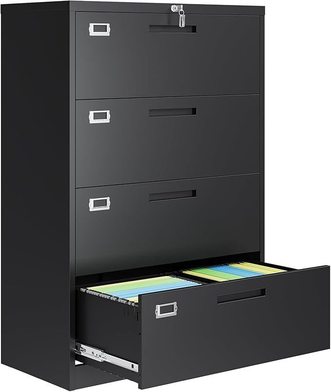 AFAIF 4 Drawer File Cabinets for Home Office, Metal Filing Cabinet with Lock, Black Locking File Caninet Four Drawer, Office Storage Caninets Steel Cabnet for Letter/Legal/A4/F4-Assembly Required