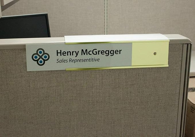 Over the Cube The Original Quality Aluminum, Changeable Cubicle Nameplate Holder, Satin Silver Base, and Polished Yellow Gold Name Plate Holder, (2.25" cubicle wall depth) - Made in the USA