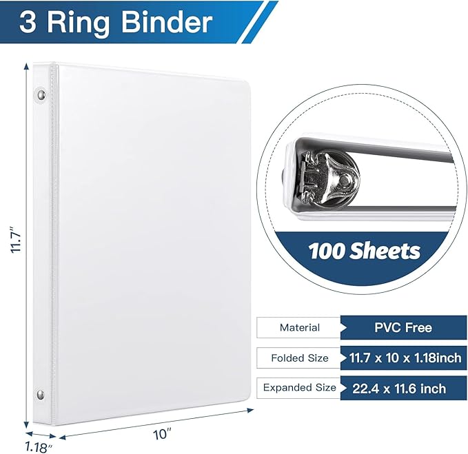 Basic 3 Ring Binder -1 or 1/2'' Binders with Roung Ring Binder, Large 100/200 Sheet Capacity, Fit 8.5" x 11" US Letter Size Paper, 12 Pack White (0.5'' White - 12 Packs)