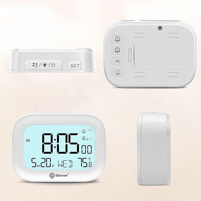 Geevon Small Travel Alarm Clock, Digital Alarm Clocks for Bedrooms Home Office, Battery Operated Desk Clock with 3 Inch Large Display, 2 Alarms, 5s Backlight, Snooze, Indoor Temperature, White