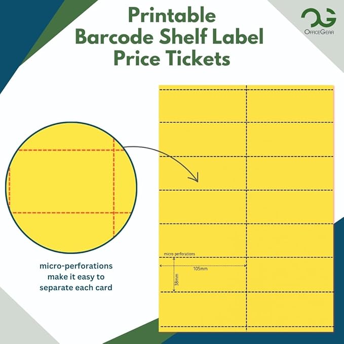 OfficeGear Yellow Shelf Edge Labels 14-up [25 Sheets - 350 Pack] 38x105mm Printable A4 Perforated Labels for Retail Barcodes, Price Stickers, Point of Sale, POS, Shelf Promotions Incl Template