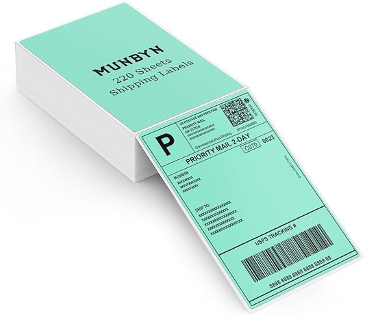 MUNBYN Green 4"x6" Direct Thermal Shipping Labels, Commercial Grade Permanent Adhesive Fanfold Mailing Postage Label Paper for Thermal Printers and Packages, 220 Sheets per Stack