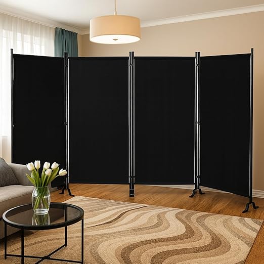 Proman Products - Galaxy 4 Panel Section Privacy Folding Screen Divider, Water Repellent Fabric Room Divider with Black Powder Coated Metal Frame for Indoors or Outdoors (Black)