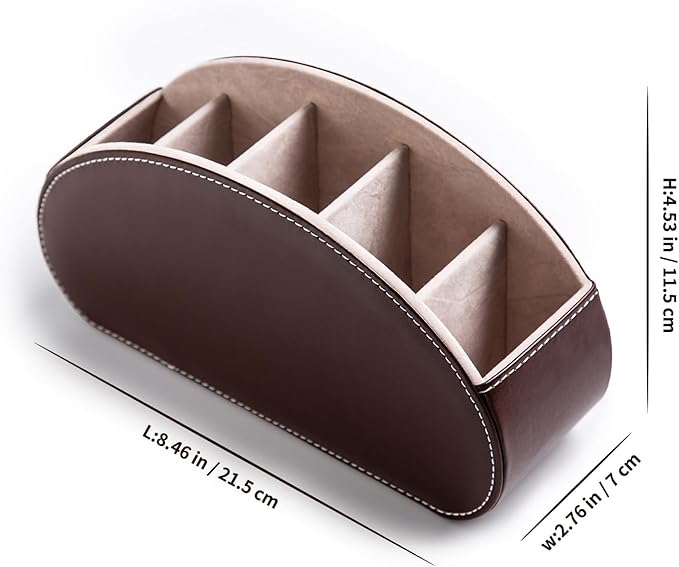 Remote Control Holders Organizer Box with 5 Compartment PU Leather Multi-functional Office Desk Storage Caddy Store Tv Remote for Media Player,Brush,Pencil,Glassees&Office Supplies (Dark Brown)
