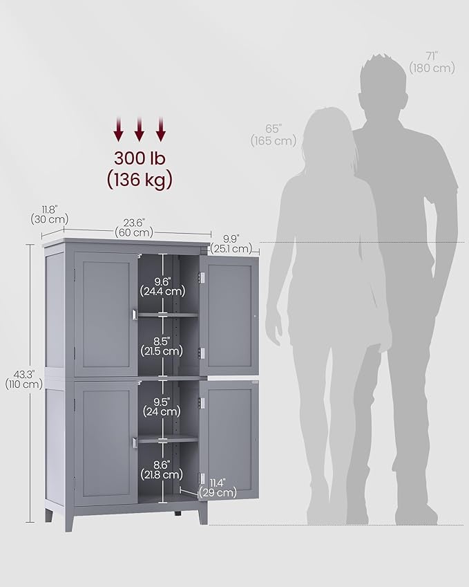 VASAGLE Floor Storage Cabinet, Freestanding Storage Unit with 4 Doors, Adjustable Shelves, 11.8 x 23.6 x 43.3 Inches, for Entryway, Bathroom, Dove Gray UBBC552P36