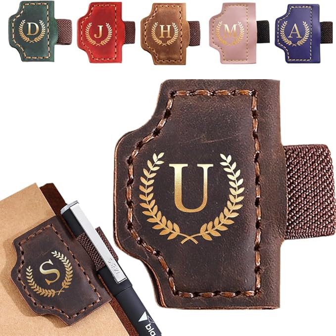 Personalized Mark Bookmark with Pen Holder, Leather Magnetic Book Marker 26 Letters,Custom Initials Page Marks, Gifts for Book Lovers Readers Men Women (Coffee, U)