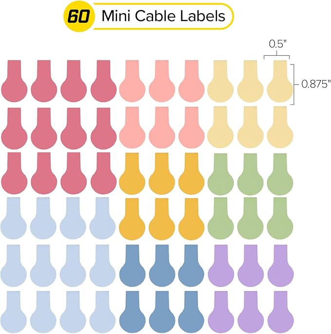 Wrap-It Storage Cable Labels - Mini, Macaron (60 Pack) - Colorful Charger & Wire Labeler for Cord Organization