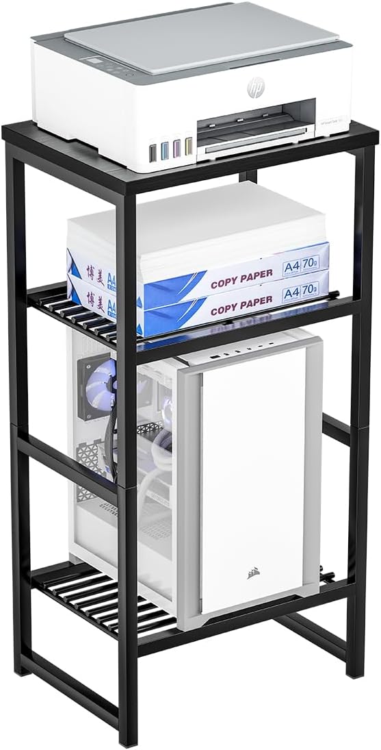 GEORIS 3 Tier Freestanding Printer Stand Shelf for Desk, Black Metal Side Table for Printer, Fax Marchine