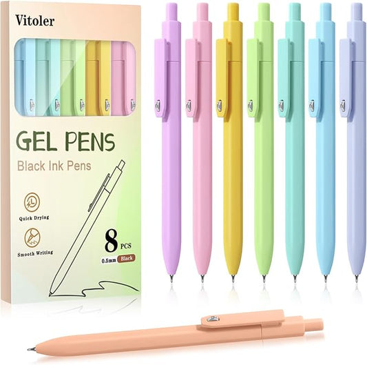 Piochoo Gel Pens, 8pcs Black Ink Pens Ballpoint Smooth Writing,0.5mm Cute Pens for Journaling Writing, Cute Office School Supplies Christmas Stocking Stuffers Gifts for Women Nurses