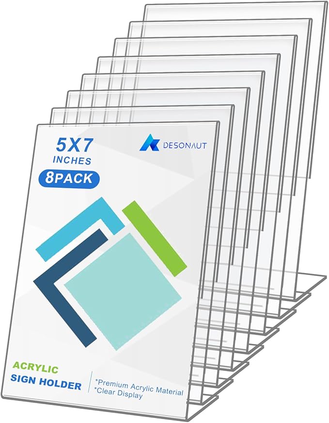 DESONAUT 8 Pack Slant Back Acrylic Sign Holder 5x7 inches, Clear Plastic Picture Frames, Desktop Tabletop Flyer Menu Holder Document Holder Paper Display Stand（Vertical）