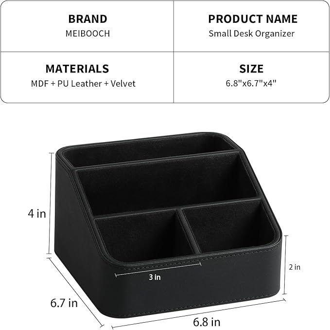 MEIBOOCH Remote Control Holder, PU Leather Small Desk Organizer with 4 Compartments, Nightstand Organizer Desk Caddy for Remote, Notepad, Phone, Glasses, and Accessories (Black)