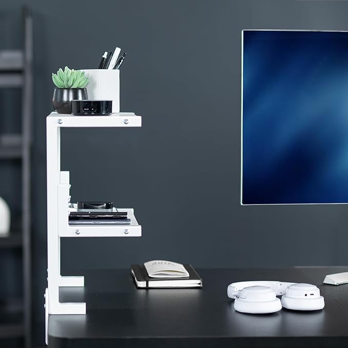 VIVO Clamp-on 13 inch Above or Below Desk 2-Tier Shelving Unit for Table Accessories, Gaming Devices, and More, Storage Tray, Desktop Organizer, White, STAND-SHELF2CW