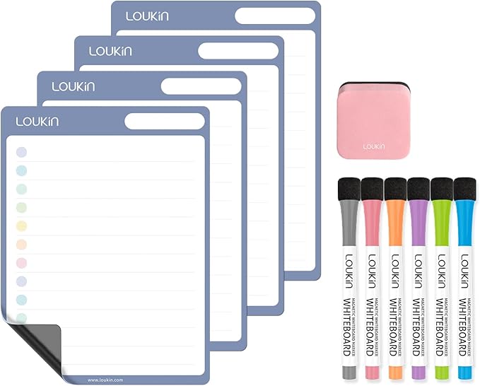 loukin Dry Erase Checklists 4 Pack, Electrostatic Clings to Any Shiny Surface, 7.9"×5.9" Whiteboard Shopping List, Reusable to do List for Office, Classroom, Refrigerator, 6 Markers&1 Eraser Included