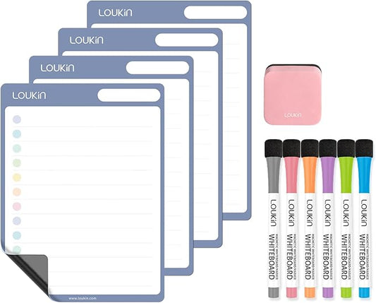 loukin Dry Erase Checklists 4 Pack, Electrostatic Clings to Any Shiny Surface, 7.9"×5.9" Whiteboard Shopping List, Reusable to do List for Office, Classroom, Refrigerator, 6 Markers&1 Eraser Included