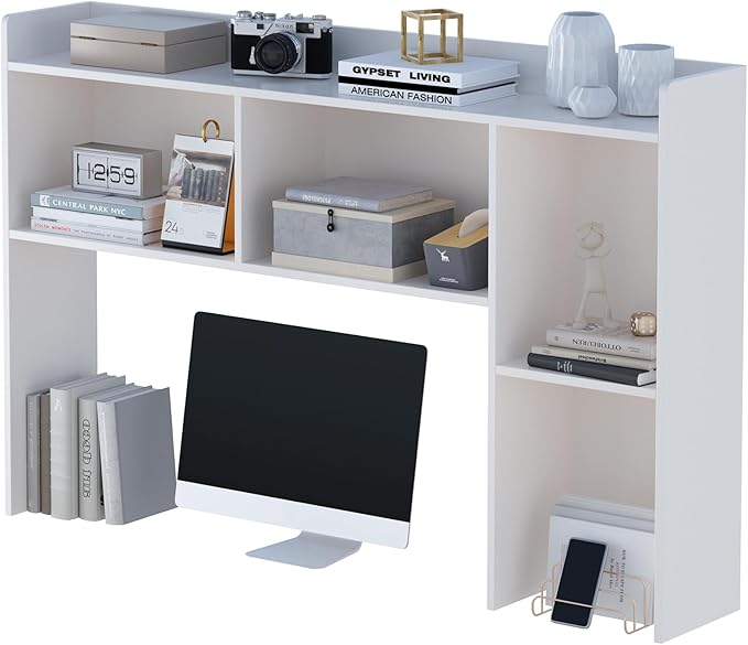 OSCHF Wooden Desktop Hutch Bookshelf - Free Standing Desk Storage Shelf with Top Edge for Computer Desk, Desktop Bookcase for Dorm, Home or Office, Countertop Organizer, White, 53.2"
