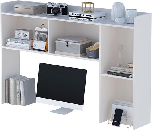 OSCHF Wooden Desktop Hutch Bookshelf - Free Standing Desk Storage Shelf with Top Edge for Computer Desk, Desktop Bookcase for Dorm, Home or Office, Countertop Organizer, White, 53.2"