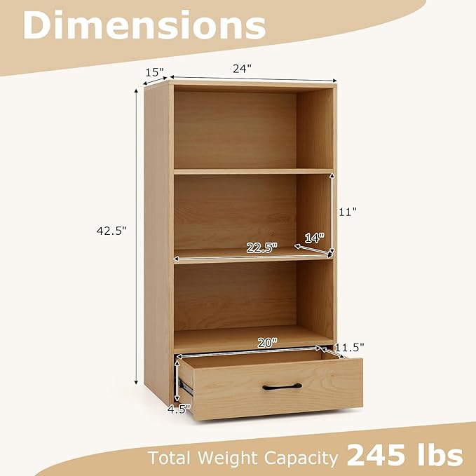 LOKO 4-Tier Bookcase with Storage Drawer, Modern Organizer Display Storage Shelves with Anti-toppling Device, Freestanding Bookshelf w/ 3 Open Shelves & 1 Drawer, Living Room, Study, Office (Natural)