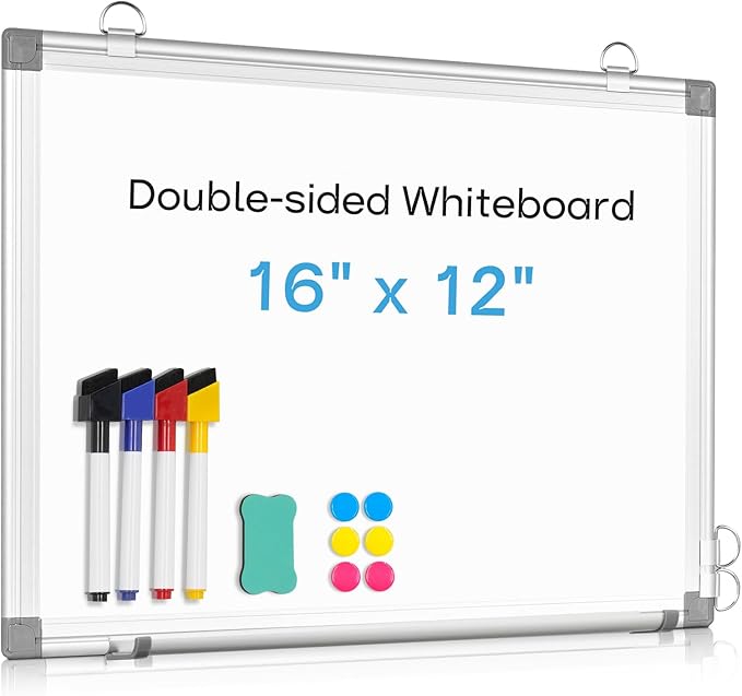 AMUSIGHT Dry Erase Board White Board, 16'' x 12'' Double-Sided Magnetic Whiteboard for Wall, Hanging Mounted Whiteboard Silver Aluminium Frame for Home, School, Office, Kitchen