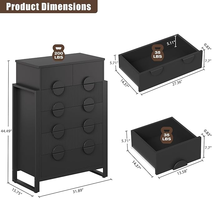 LGHM Fluted Dresser for Bedroom with 6 Drawers, Modern 6 Drawers Dressers with Semicylinder Fluted, Solid Chest of Drawers, 44.5" Tall Dresser with Stable Steel Frame, Metal Handles, Black