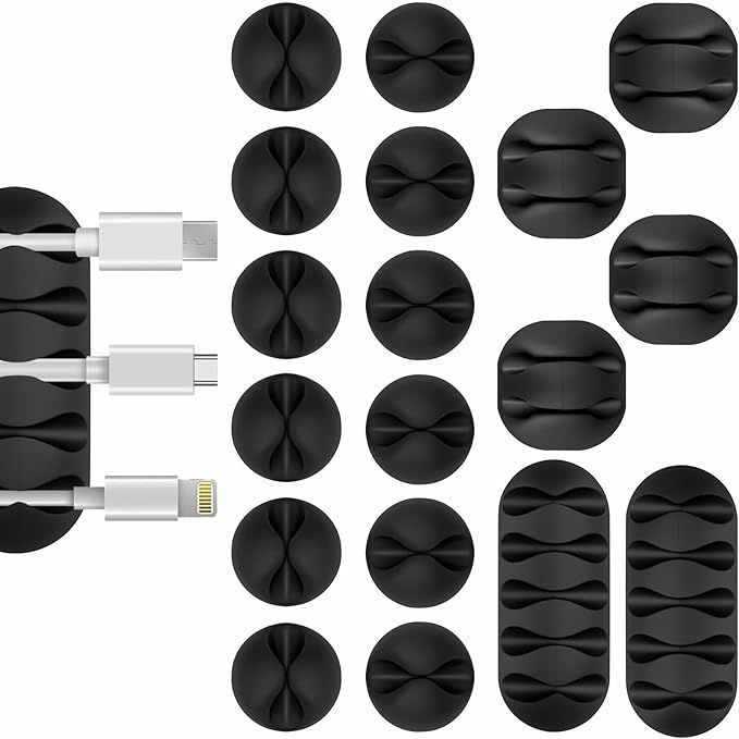 Flezoo Cable Clips Cord Holder - 18 PCS Black Adhesive Phone Cord Organizer Charger Holder Cable Wire Management Clips Keeper for Nightstand, Desk, Office or Mouse