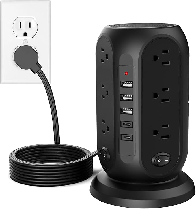 Tower Power Strip with 12 Outlets and 5 USB Ports (2 USB-C), Flat Extension Cord 10 Ft, Surge Protection 1250W Multiple Outlets Charging Station for Home Office Dorm Room