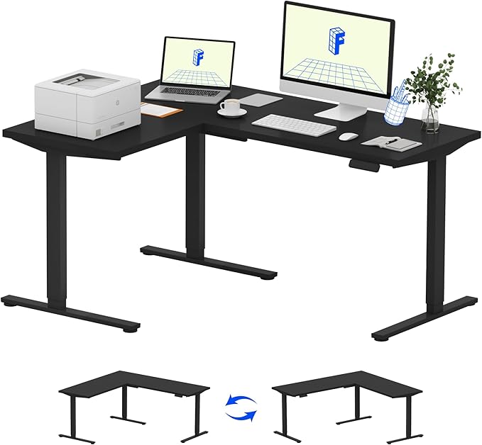 FLEXISPOT L Shaped Standing Desk, 63 x 47 Inch Electric Height Adjustable Corner Desk, Sit Stand Computer Workstation, Preset Controller, Home Office, Black Frame with Black Top