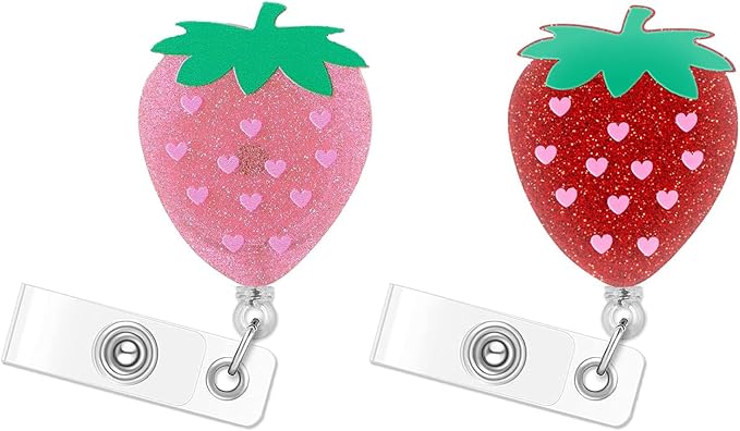 2Pcs Strawberry Badge Reel Retractable Personalized ID Name Badge Holder with Retractable Clip | Cute Nurse Gifts, Funny Badge Holder