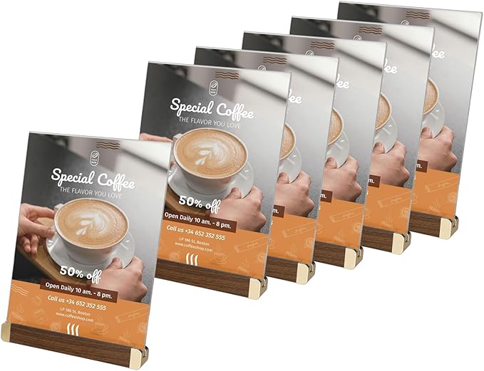 8.5 x 11 Menu Holder, Acrylic Table Menu Stand, Classic Wooden Sign Holder, Double Sided Display Table Top Paper Holder, for Bar, Cafe, Restaurant, Store, Certificate, Document (Vertical, 6pack)