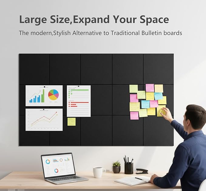 G Gamit Large Felt Wall Tiles Bulletin Board 59”x36”,Large Cork Board Alternative with 60 Pushpins,15 Pack Felt Pin Board with 112 Safe Removable Adhesive Tabs for Home Office School (Black)