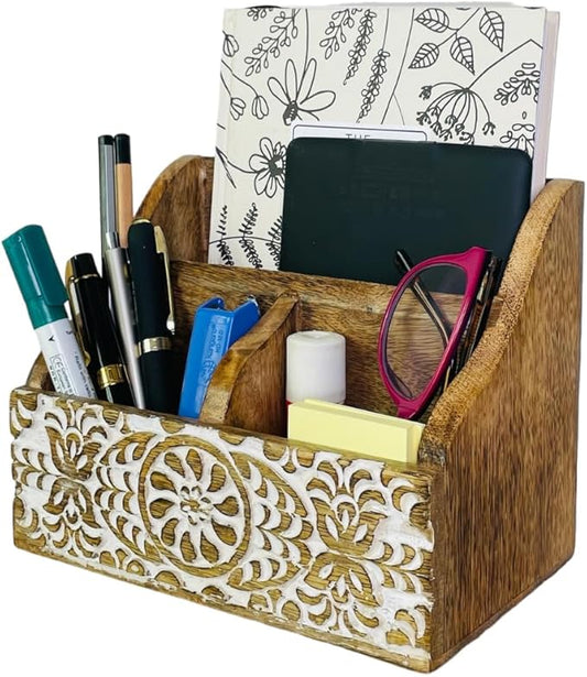 Wooden Office Desk Organizer Countertop, Farmhouse Stationary Aesthetic Organizer for Marker, Pen, Remote, Makeup Brush, Art Supplies Accessories, Modern Work Study Drawer Caddy- White Shabby Chic