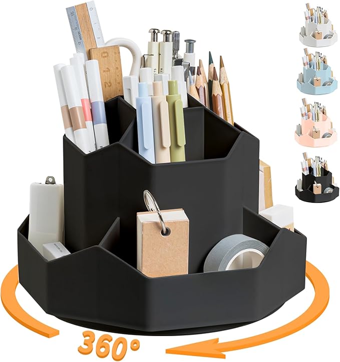 Pencil Pen Holder for Desk,9 Slots 360 Degree Rotating Desk Organizers,Desktop Storage Stationery Supplies Organizer, Cute Pencil Cup Pot For Office, School, Home(Black)