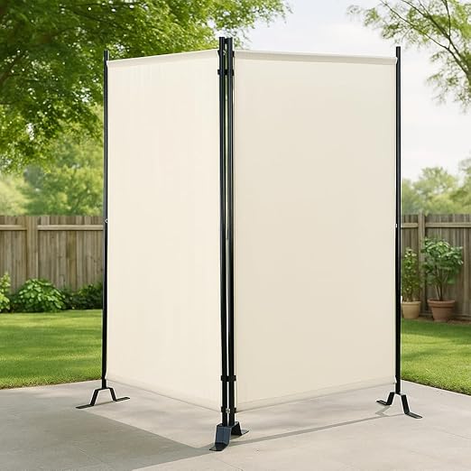 Proman Products - Galaxy 2 Panel Section Privacy Folding Screen Divider, Water Repellent Fabric Room Divider with Black Powder Coated Metal Frame for Indoors or Outdoors (Beige)