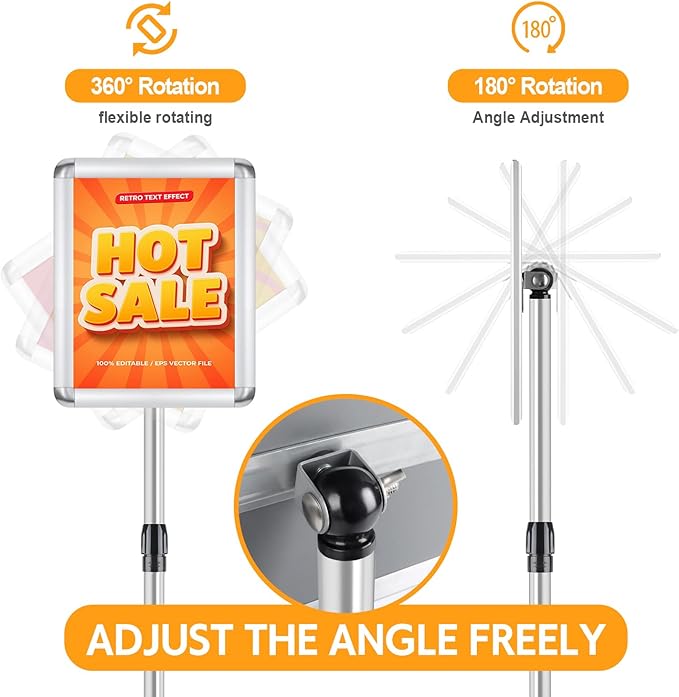 RedChili 2 Pack Sign Holder Stand 8.5x11 Inch, Adjustable Floor Standing Sign Holder Signage Stand with Aluminum Snap-Open Frame Vertical Horizontal View Display For Malls Schools Restaurants (Silver, Round Corner)