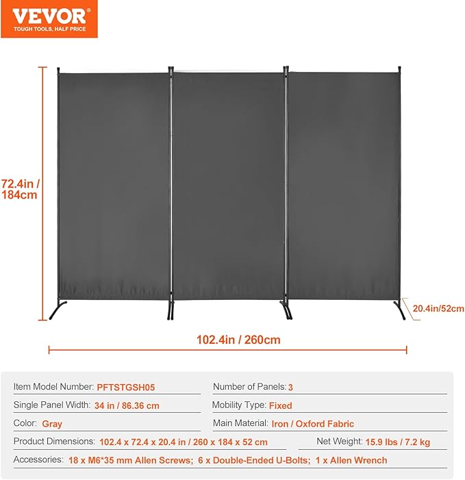 VEVOR Room Dividers, 3 Panel Room Divider, Folding Privacy Screen and Portable Partition Divider for Room Separation, Freestanding Room Partitions for Office, Bedroom, Study, Grey
