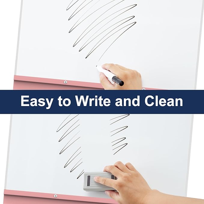 TSJ OFFICE Rolling Whiteboard Standing - 40 x 26 Inches Magnetic Mobile White Board with Stand, Height Adjustable Dry Erase Board on Wheels with Paper Clamp on Top, Pink