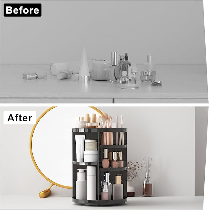 Jiavarry Rotating Makeup Organizer for Vanity, 360 Spinning Skincare Organizers with Adjustable Trays, Make Up Desk Storage Carousel Rack, Cosmetic Display Cases for Dresser Bathroom Countertop