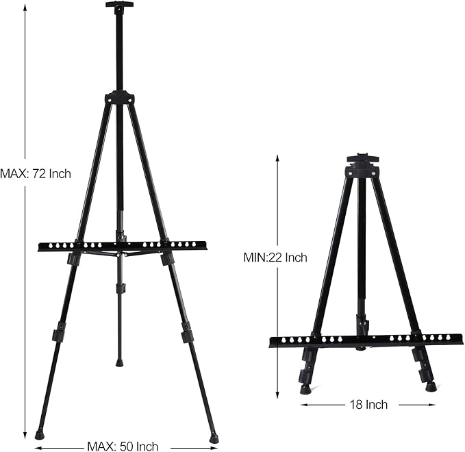 T-SIGN 72 Inches Tall Folding Easel Stand for Display, Aluminum Metal Tripod Art Easel Adjustable Height from 22-72 - Instant Poster Easels for Painting Canvas - Floor Standing Easel (Pack of 2)