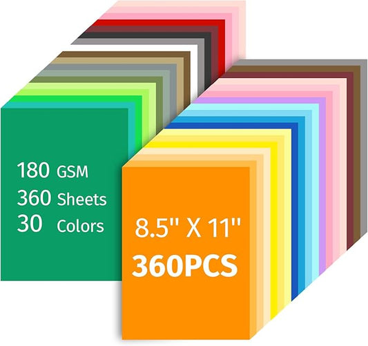 INFOOD 360 Sheets 8.5" X 11" Colored Cardstock Bulk, 30 Assorted Colors Construction Paper Card Stock Paper for Printing, Card Making, DIY Crafts, School & Office Supplies, Party Decorations, 180 GSM