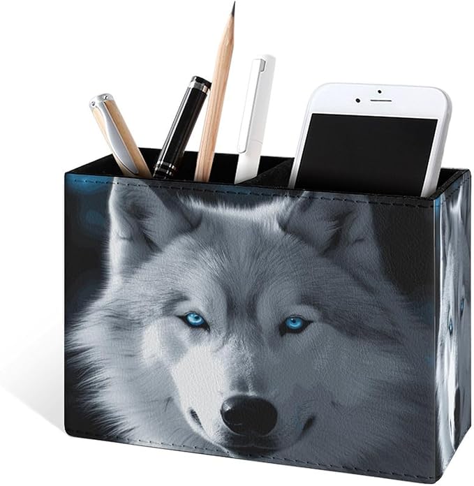 Famame White Wolf Blue Eyes Pencil Holder for Desk, Leather Desktop Container Pen Cup Storage Study Table Pen Organizer Makeup Brush Holder for Classroom Office Home