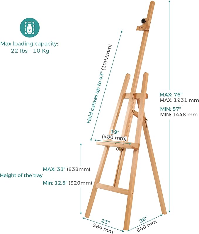 VISWIN Wooden Art Easel for Painting, Adjustable & Foldable Beech Wood Display Easel Stand for Canvas, Hold Canvas up to 43", 57''-76" H Floor Art Easel for Adults, Artists, Beginners - Natural